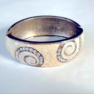 Guy & Eva Ivory Swirled Enamel Rhinestone Hinged Bangle Bracelet Statement